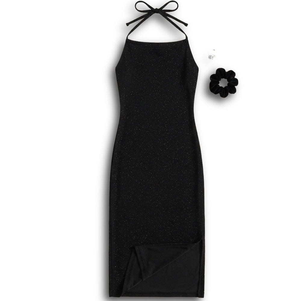 Luvalot Black Glitter Halter Maxi Dress Side Slit Open Back Size 4